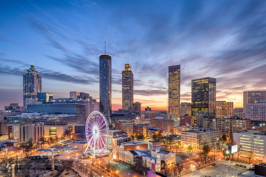 the Atlanta city skyline at sunset