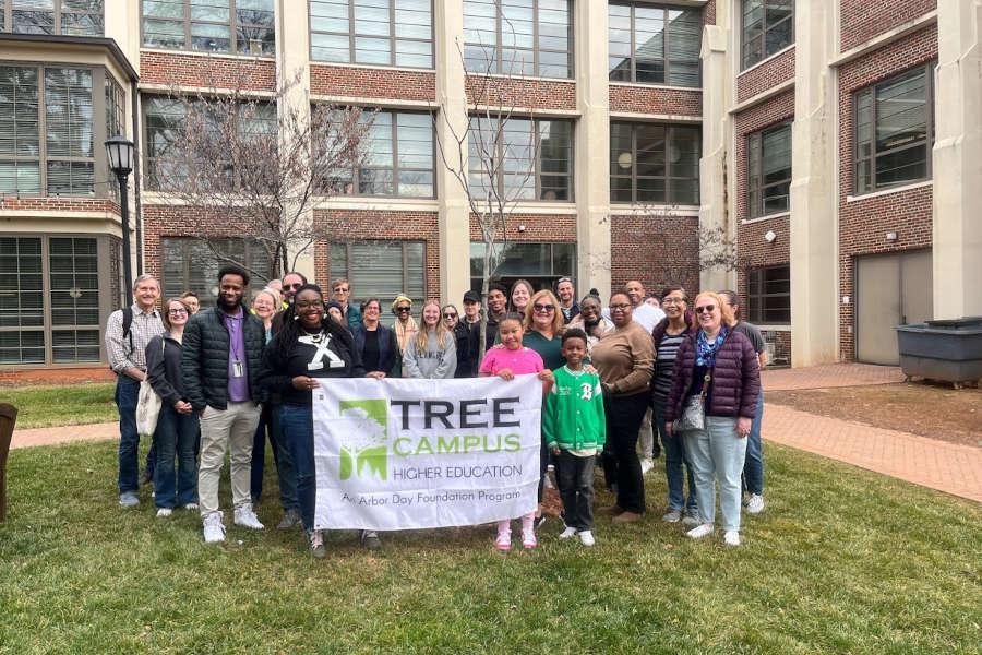 group gathering behind tree planting for Georgia Arbor Day