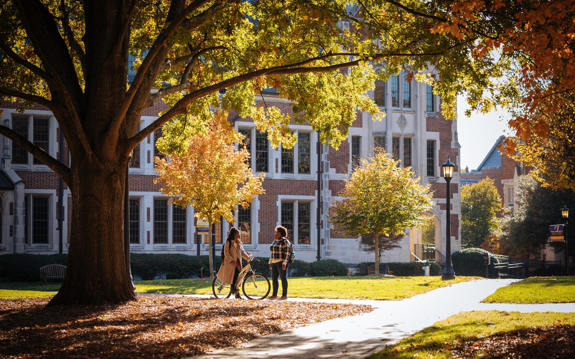 four female students walking on campus